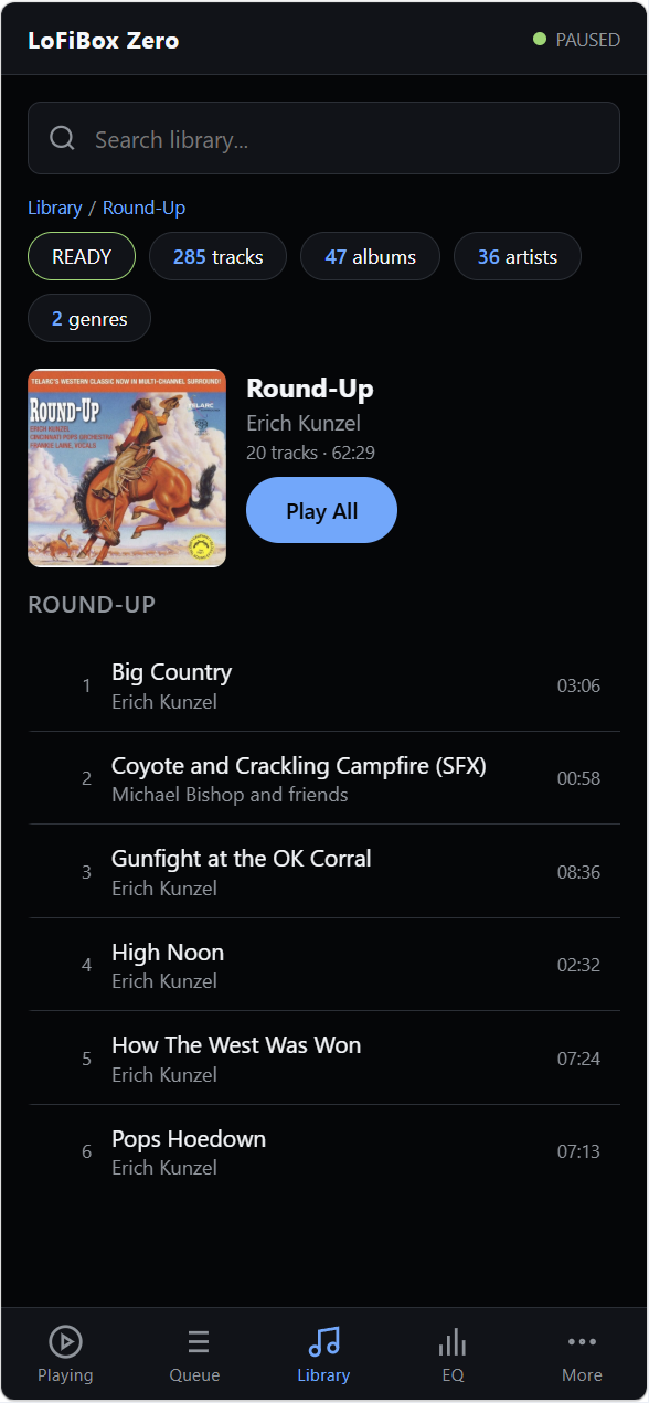 LoFiBox WebUI album and library page